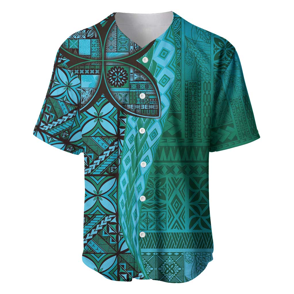 Samoan Pacific Tribal Flower Geometric Art Tattoos Baseball Jersey Siapo Pattern Turquoise Tide - Polynesian Pride