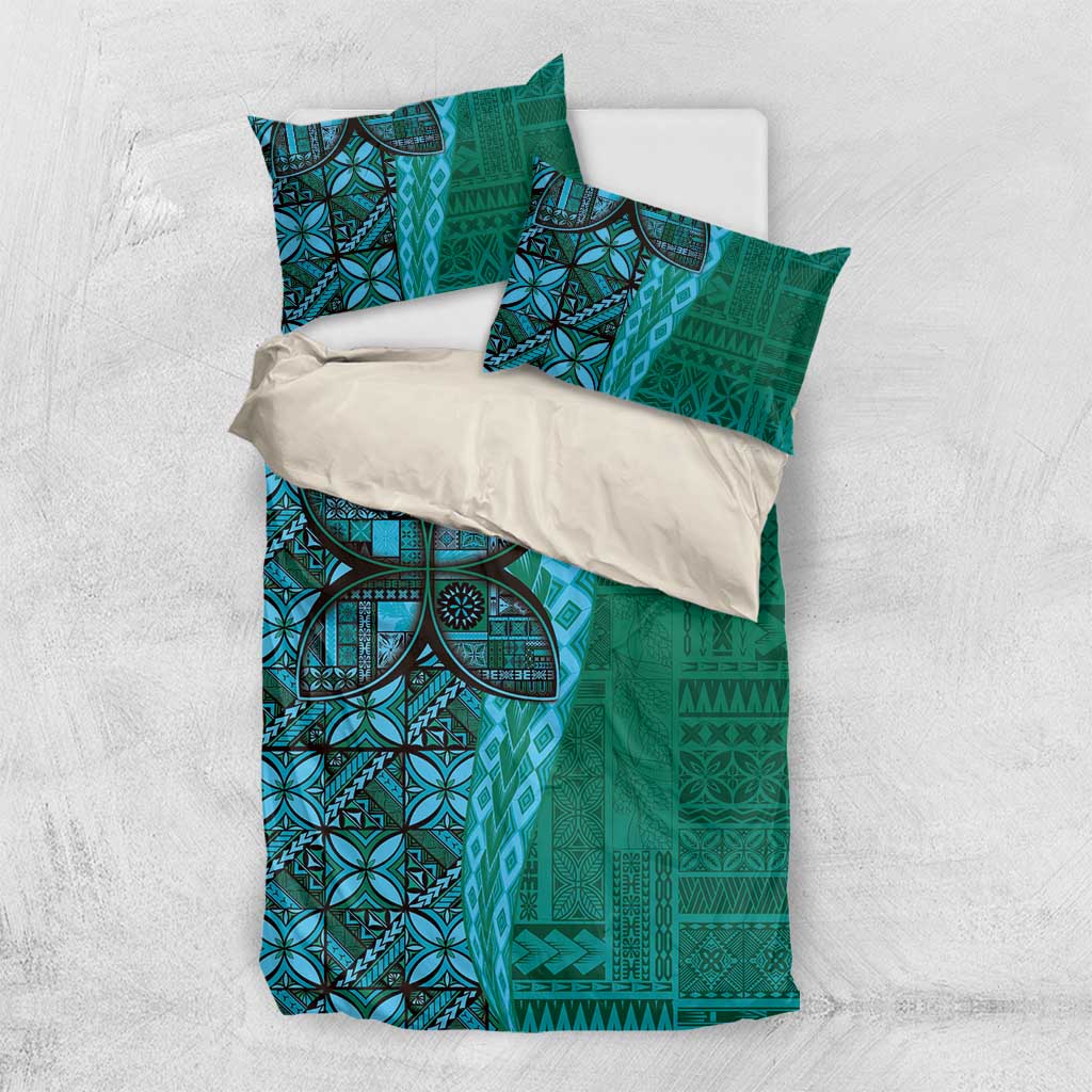 Samoan Pacific Tribal Flower Geometric Art Tattoos Bedding Set Siapo Pattern Turquoise Tide - Polynesian Pride