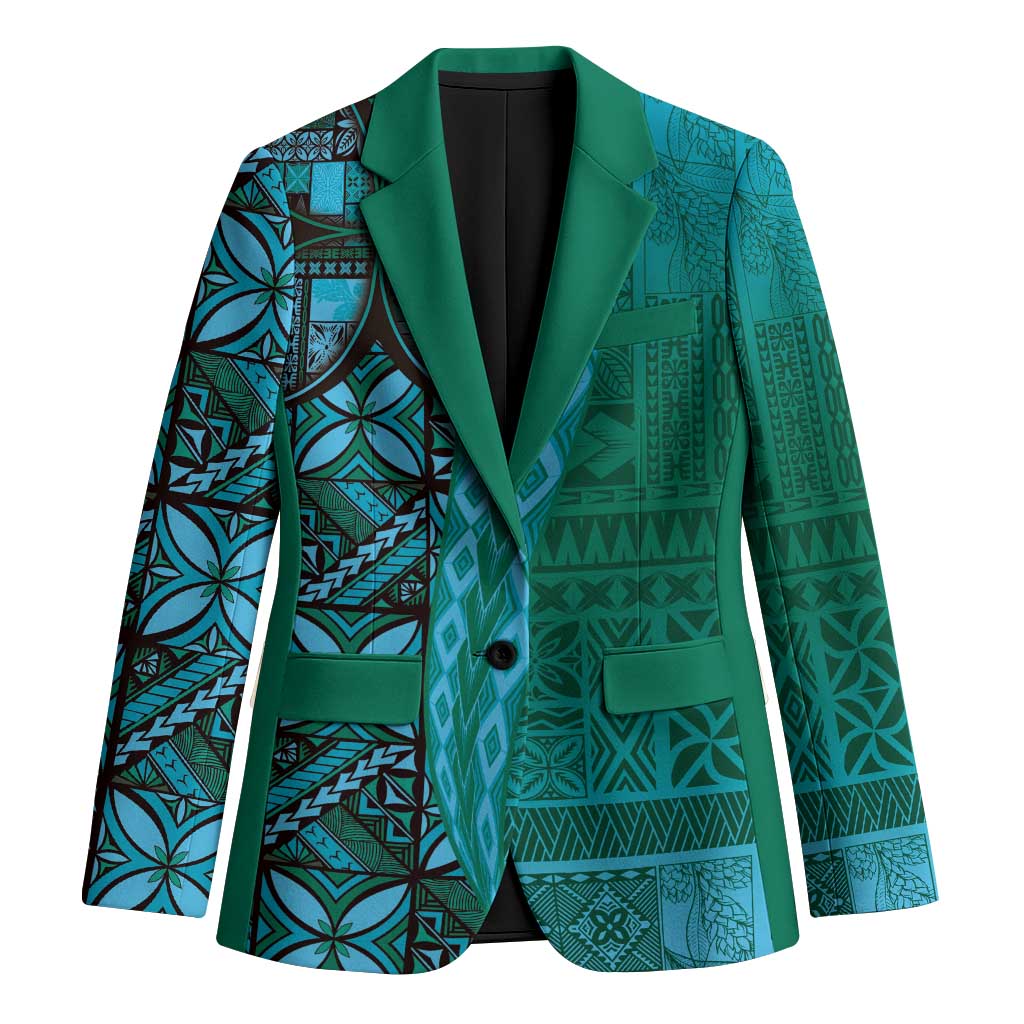 Samoan Pacific Tribal Flower Geometric Art Tattoos Blazer Siapo Pattern Turquoise Tide - Polynesian Pride