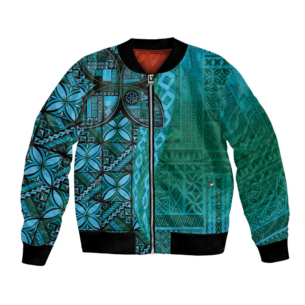 Samoan Pacific Tribal Flower Geometric Art Tattoos Bomber Jacket Siapo Pattern Turquoise Tide - Polynesian Pride