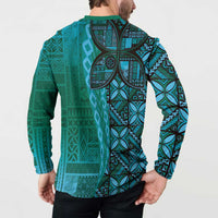 Samoan Pacific Tribal Flower Geometric Art Tattoos Button Sweatshirt Siapo Pattern Turquoise Tide - Polynesian Pride