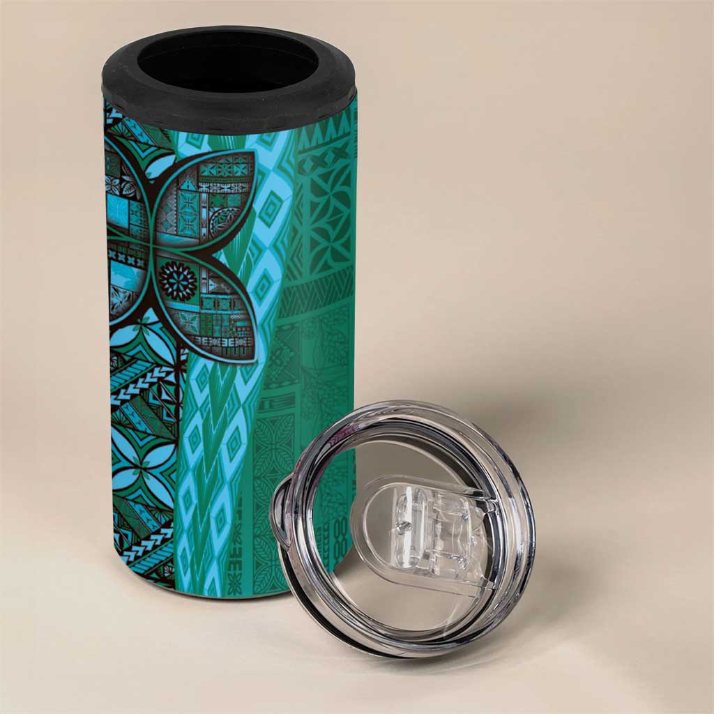 Samoan Pacific Tribal Flower Geometric Art Tattoos 4 in 1 Can Cooler Tumbler Siapo Pattern Turquoise Tide - Polynesian Pride