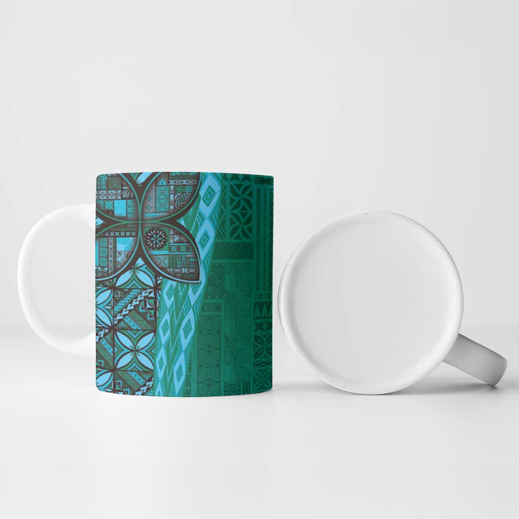 Samoan Pacific Tribal Flower Geometric Art Tattoos Ceramic Mug Siapo Pattern Turquoise Tide - Polynesian Pride