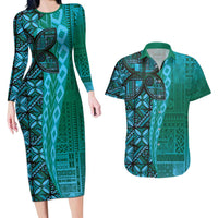Samoan Pacific Tribal Flower Geometric Art Tattoos Couples Matching Long Sleeve Bodycon Dress and Hawaiian Shirt Siapo Pattern Turquoise Tide - Polynesian Pride