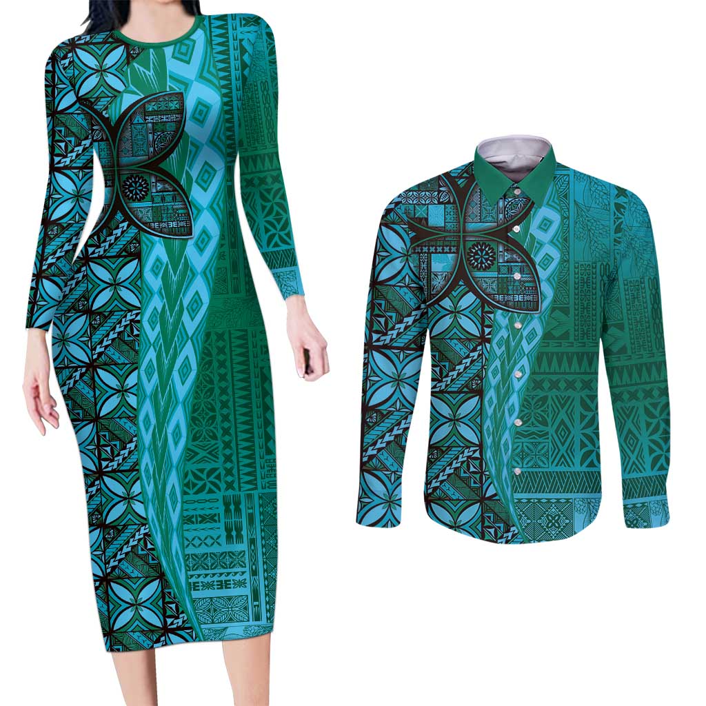 Samoan Pacific Tribal Flower Geometric Art Tattoos Couples Matching Long Sleeve Bodycon Dress and Long Sleeve Button Shirt Siapo Pattern Turquoise Tide - Polynesian Pride