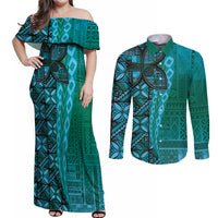 Samoan Pacific Tribal Flower Geometric Art Tattoos Couples Matching Off Shoulder Maxi Dress and Long Sleeve Button Shirt Siapo Pattern Turquoise Tide - Polynesian Pride