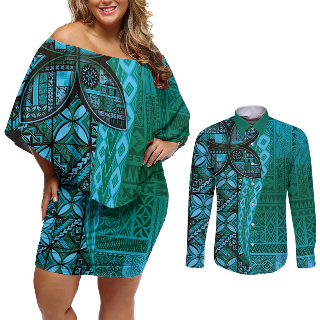 Samoan Pacific Tribal Flower Geometric Art Tattoos Couples Matching Off Shoulder Short Dress and Long Sleeve Button Shirt Siapo Pattern Turquoise Tide - Polynesian Pride