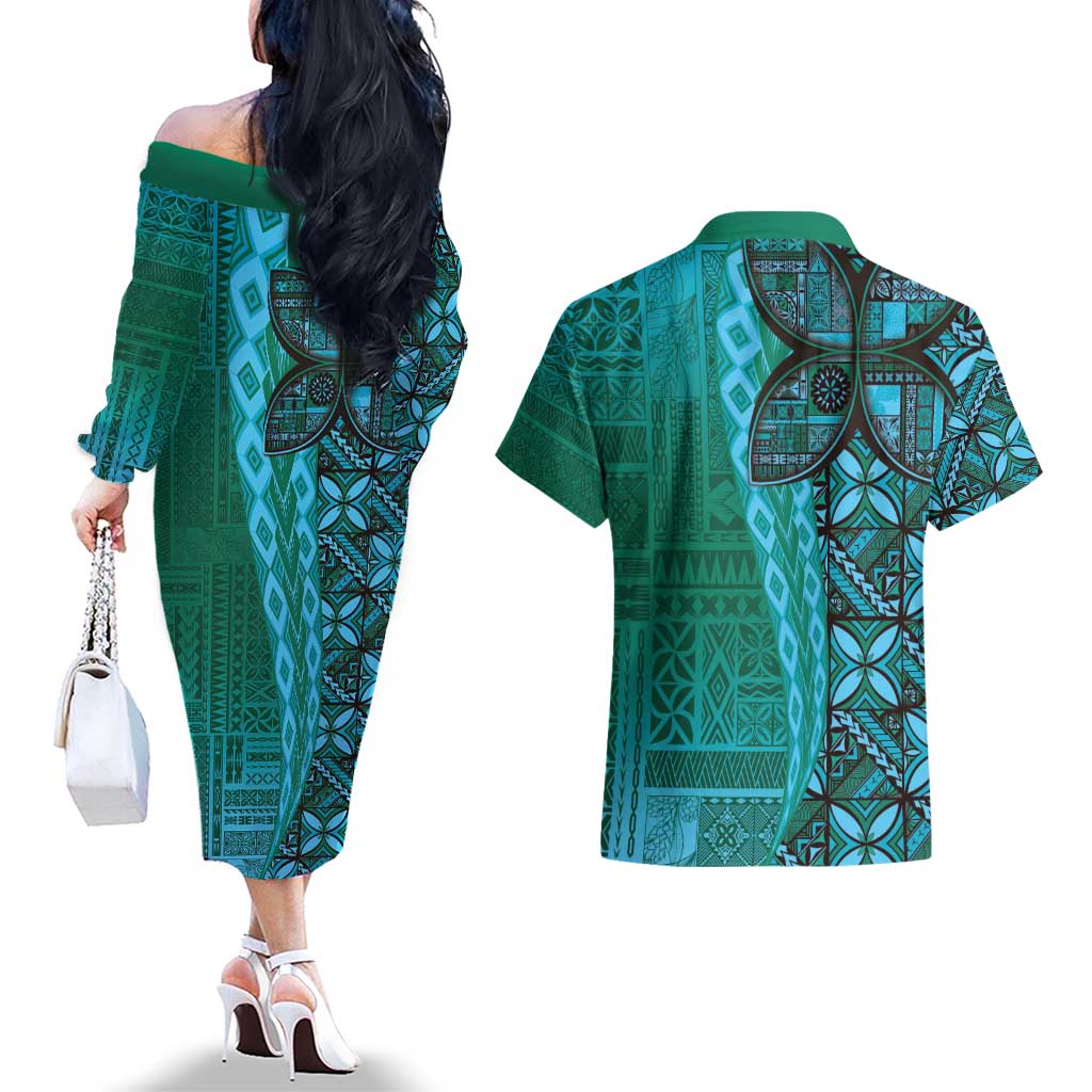 Samoan Pacific Tribal Flower Geometric Art Tattoos Couples Matching Off The Shoulder Long Sleeve Dress and Hawaiian Shirt Siapo Pattern Turquoise Tide - Polynesian Pride