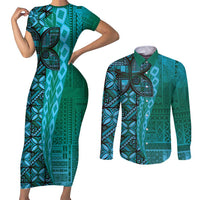 Samoan Pacific Tribal Flower Geometric Art Tattoos Couples Matching Short Sleeve Bodycon Dress and Long Sleeve Button Shirt Siapo Pattern Turquoise Tide - Polynesian Pride