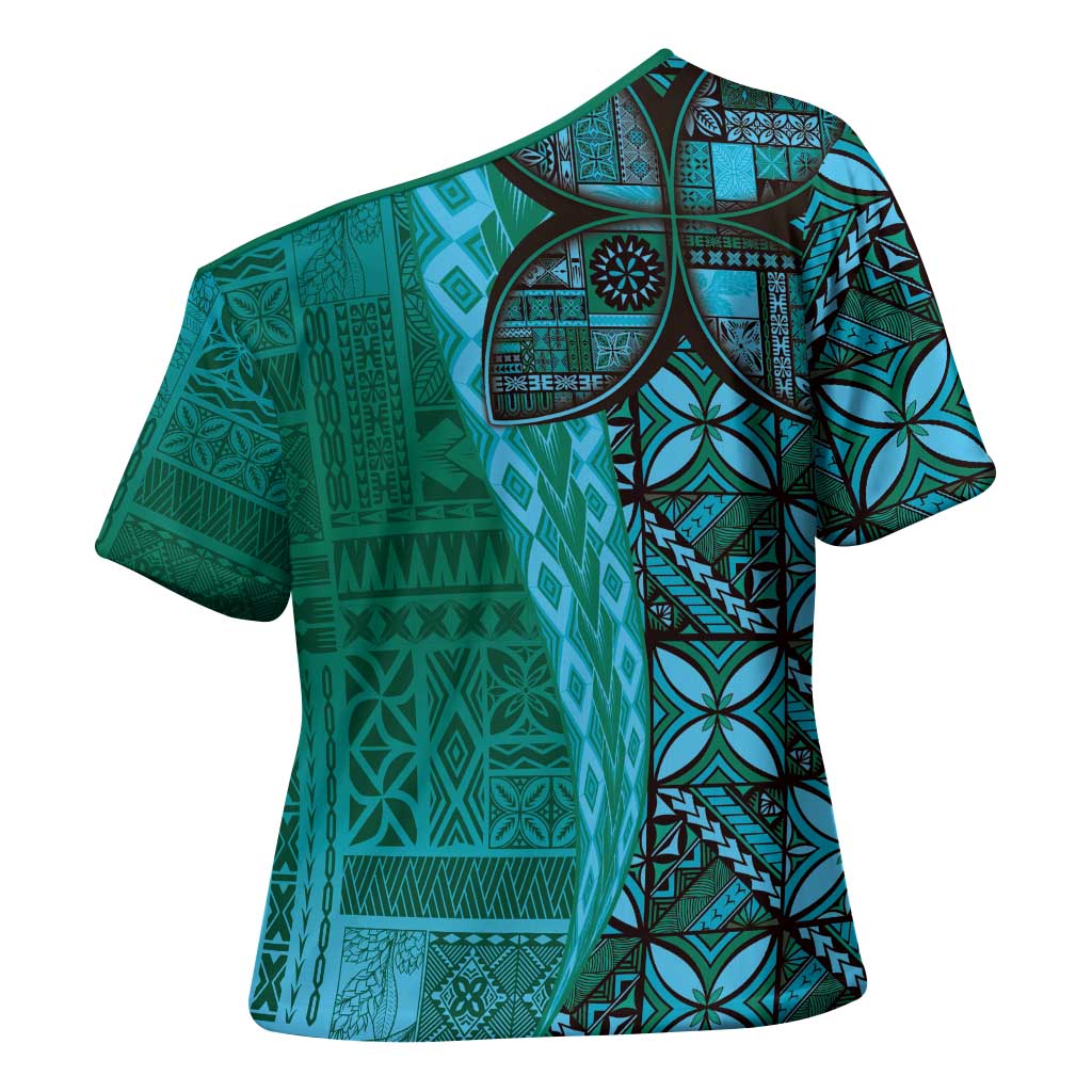 Samoan Pacific Tribal Flower Geometric Art Tattoos Cross Shoulder Shirt Siapo Pattern Turquoise Tide - Polynesian Pride