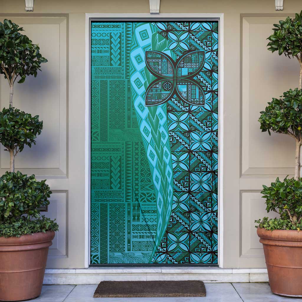 Samoan Pacific Tribal Flower Geometric Art Tattoos Door Cover Siapo Pattern Turquoise Tide - Polynesian Pride