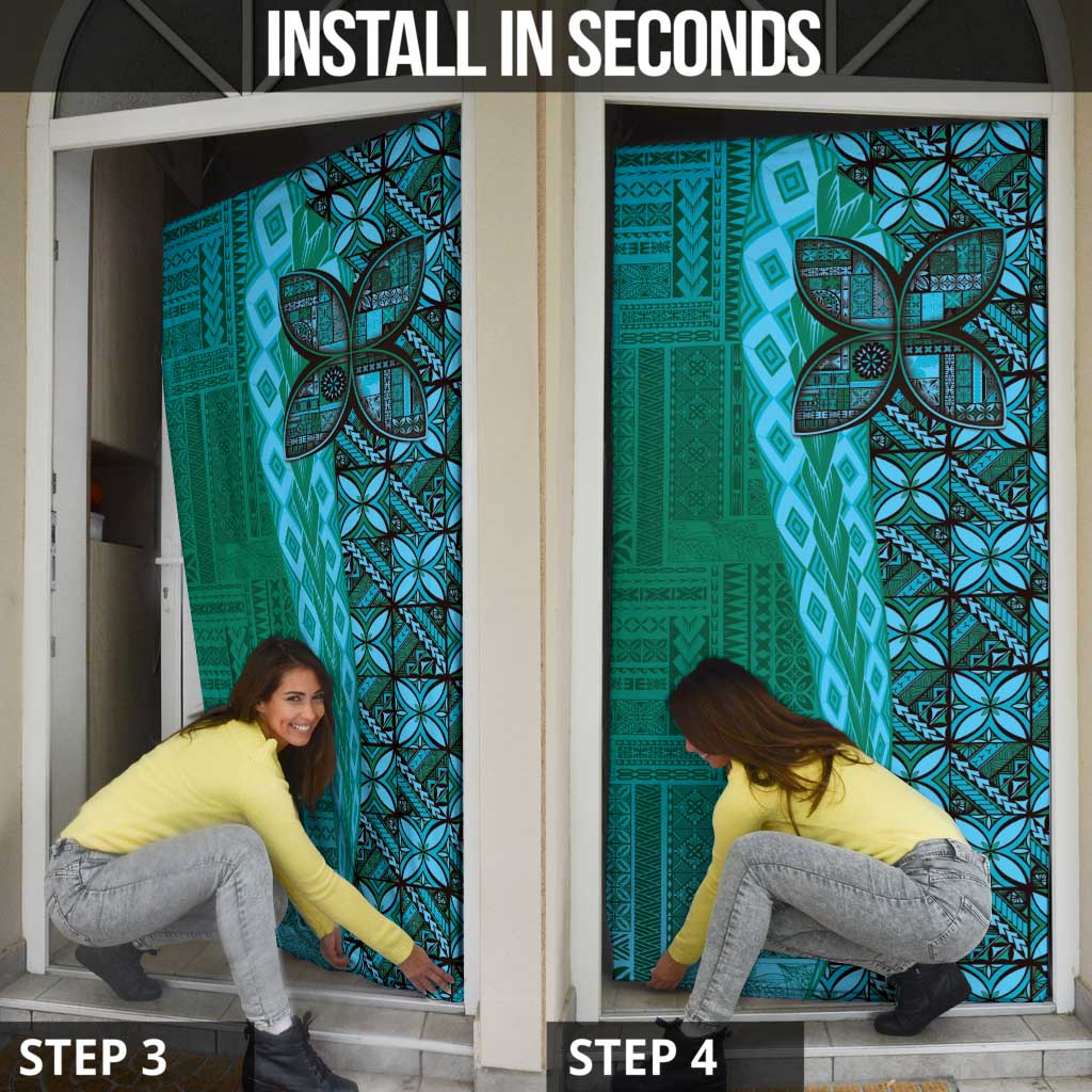 Samoan Pacific Tribal Flower Geometric Art Tattoos Door Cover Siapo Pattern Turquoise Tide - Polynesian Pride