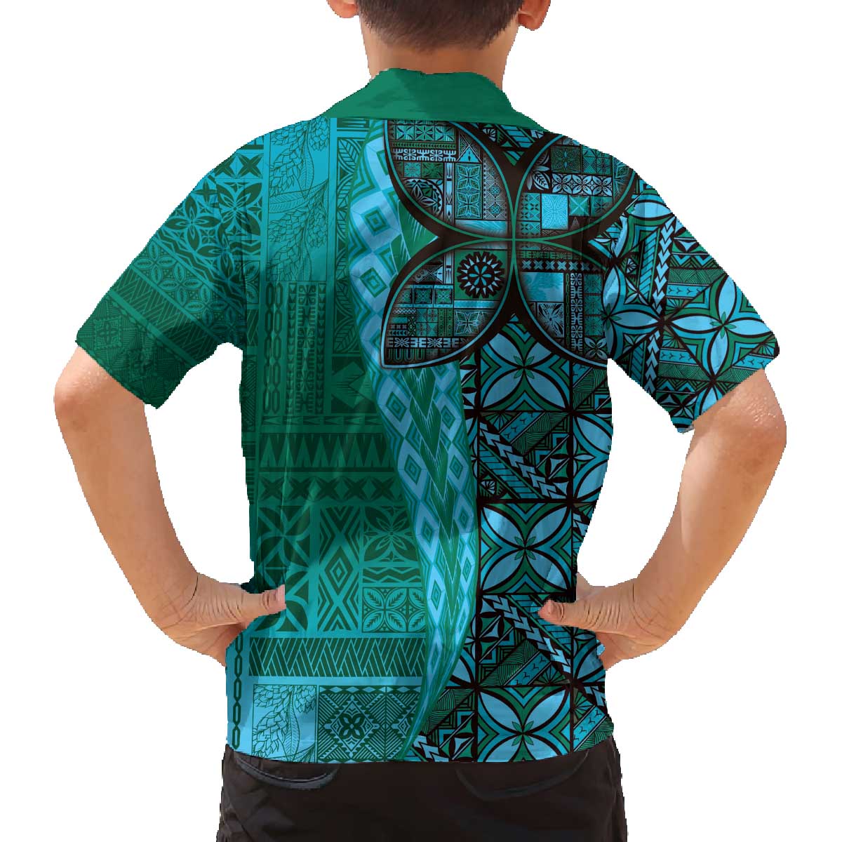 Samoan Pacific Tribal Flower Geometric Art Tattoos Family Matching Off The Shoulder Long Sleeve Dress and Hawaiian Shirt Siapo Pattern Turquoise Tide - Polynesian Pride