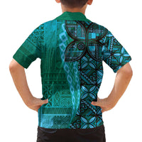 Samoan Pacific Tribal Flower Geometric Art Tattoos Family Matching Off The Shoulder Long Sleeve Dress and Hawaiian Shirt Siapo Pattern Turquoise Tide - Polynesian Pride
