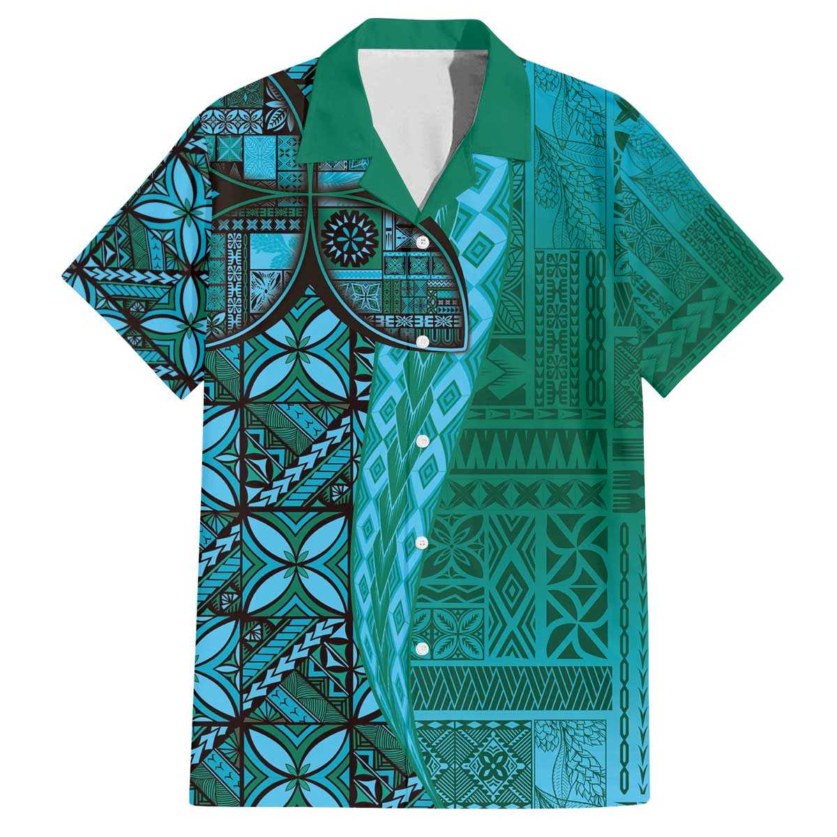 Samoan Pacific Tribal Flower Geometric Art Tattoos Family Matching Off The Shoulder Long Sleeve Dress and Hawaiian Shirt Siapo Pattern Turquoise Tide - Polynesian Pride
