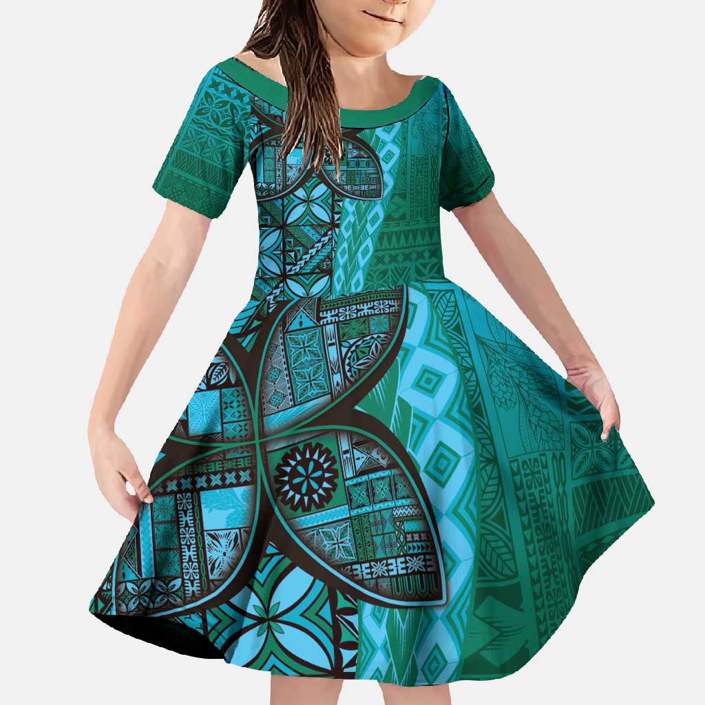 Samoan Pacific Tribal Flower Geometric Art Tattoos Family Matching Off Shoulder Maxi Dress and Hawaiian Shirt Siapo Pattern Turquoise Tide - Polynesian Pride