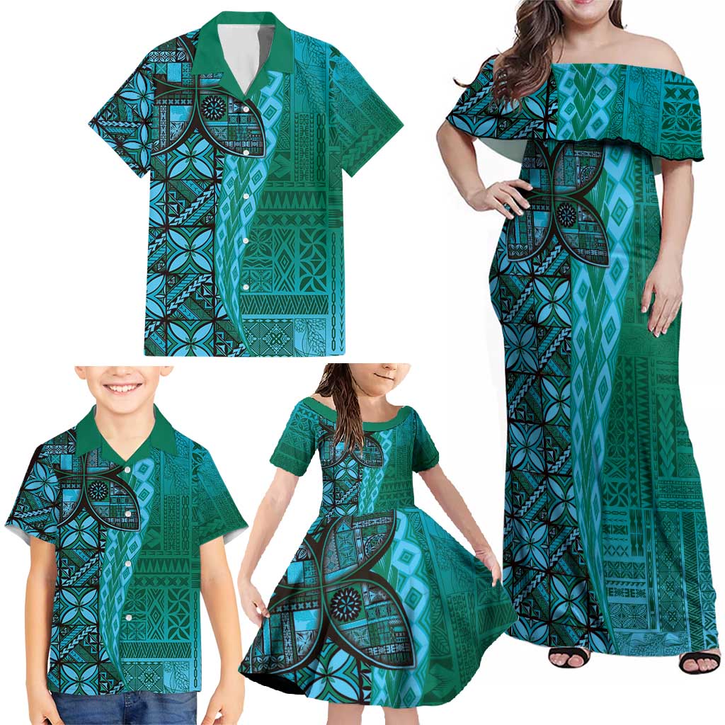 Samoan Pacific Tribal Flower Geometric Art Tattoos Family Matching Off Shoulder Maxi Dress and Hawaiian Shirt Siapo Pattern Turquoise Tide - Polynesian Pride