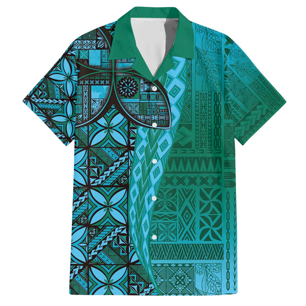 Samoan Pacific Tribal Flower Geometric Art Tattoos Family Matching Off Shoulder Maxi Dress and Hawaiian Shirt Siapo Pattern Turquoise Tide - Polynesian Pride