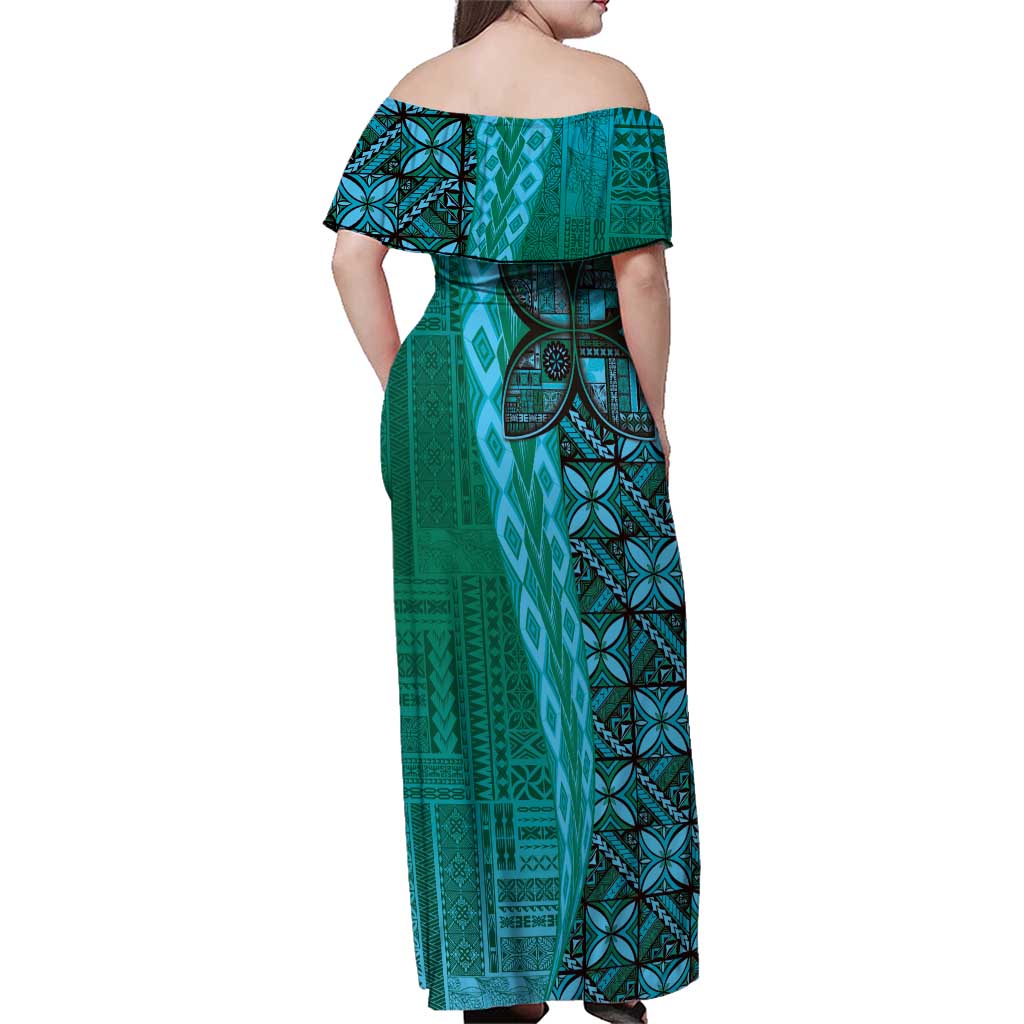Samoan Pacific Tribal Flower Geometric Art Tattoos Family Matching Off Shoulder Maxi Dress and Hawaiian Shirt Siapo Pattern Turquoise Tide - Polynesian Pride