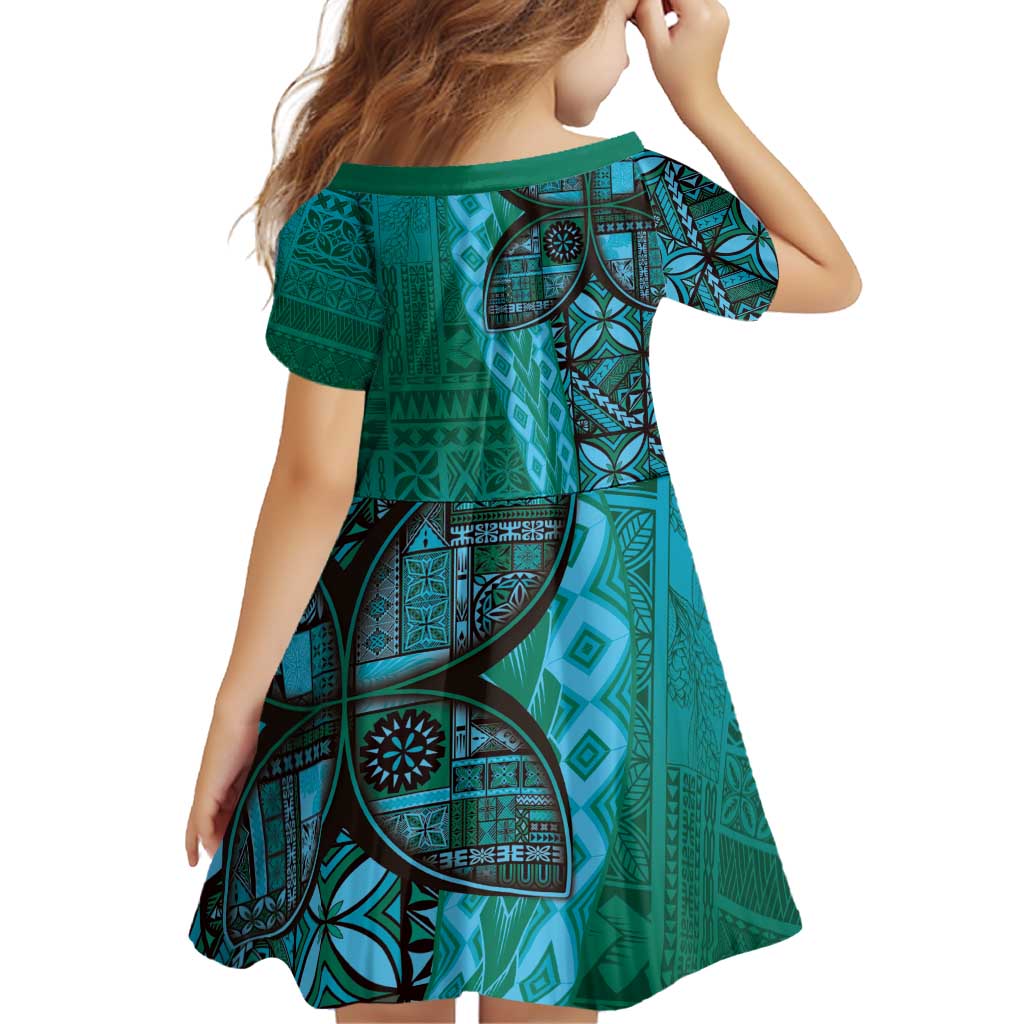Samoan Pacific Tribal Flower Geometric Art Tattoos Family Matching Puletasi and Hawaiian Shirt Siapo Pattern Turquoise Tide - Polynesian Pride