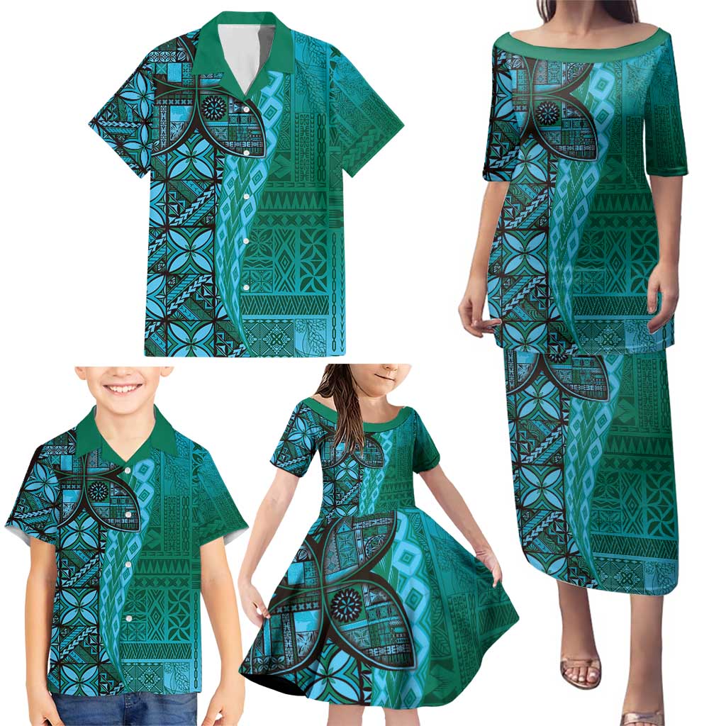 Samoan Pacific Tribal Flower Geometric Art Tattoos Family Matching Puletasi and Hawaiian Shirt Siapo Pattern Turquoise Tide - Polynesian Pride