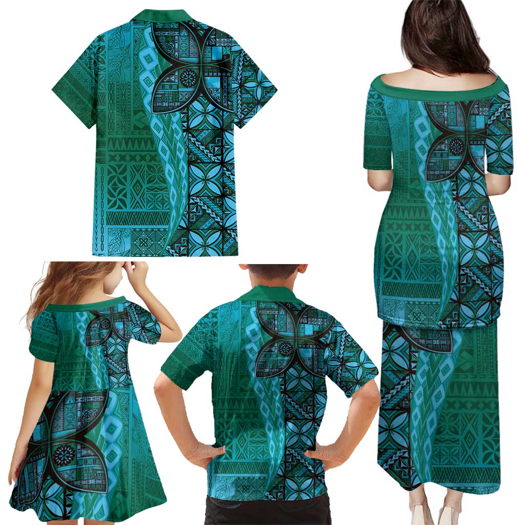 Samoan Pacific Tribal Flower Geometric Art Tattoos Family Matching Puletasi and Hawaiian Shirt Siapo Pattern Turquoise Tide - Polynesian Pride