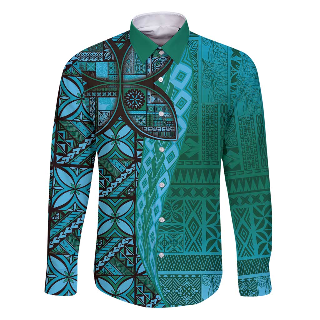 Samoan Pacific Tribal Flower Geometric Art Tattoos Family Matching Puletasi and Hawaiian Shirt Siapo Pattern Turquoise Tide - Polynesian Pride