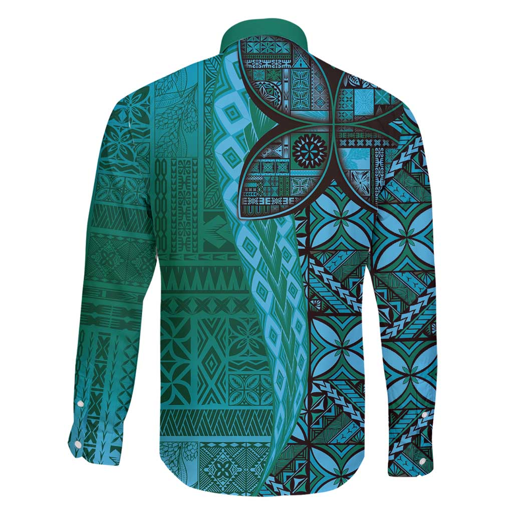 Samoan Pacific Tribal Flower Geometric Art Tattoos Family Matching Puletasi and Hawaiian Shirt Siapo Pattern Turquoise Tide - Polynesian Pride