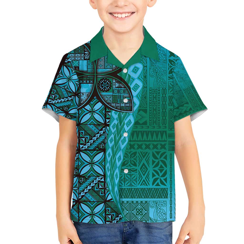 Samoan Pacific Tribal Flower Geometric Art Tattoos Family Matching Puletasi and Hawaiian Shirt Siapo Pattern Turquoise Tide - Polynesian Pride