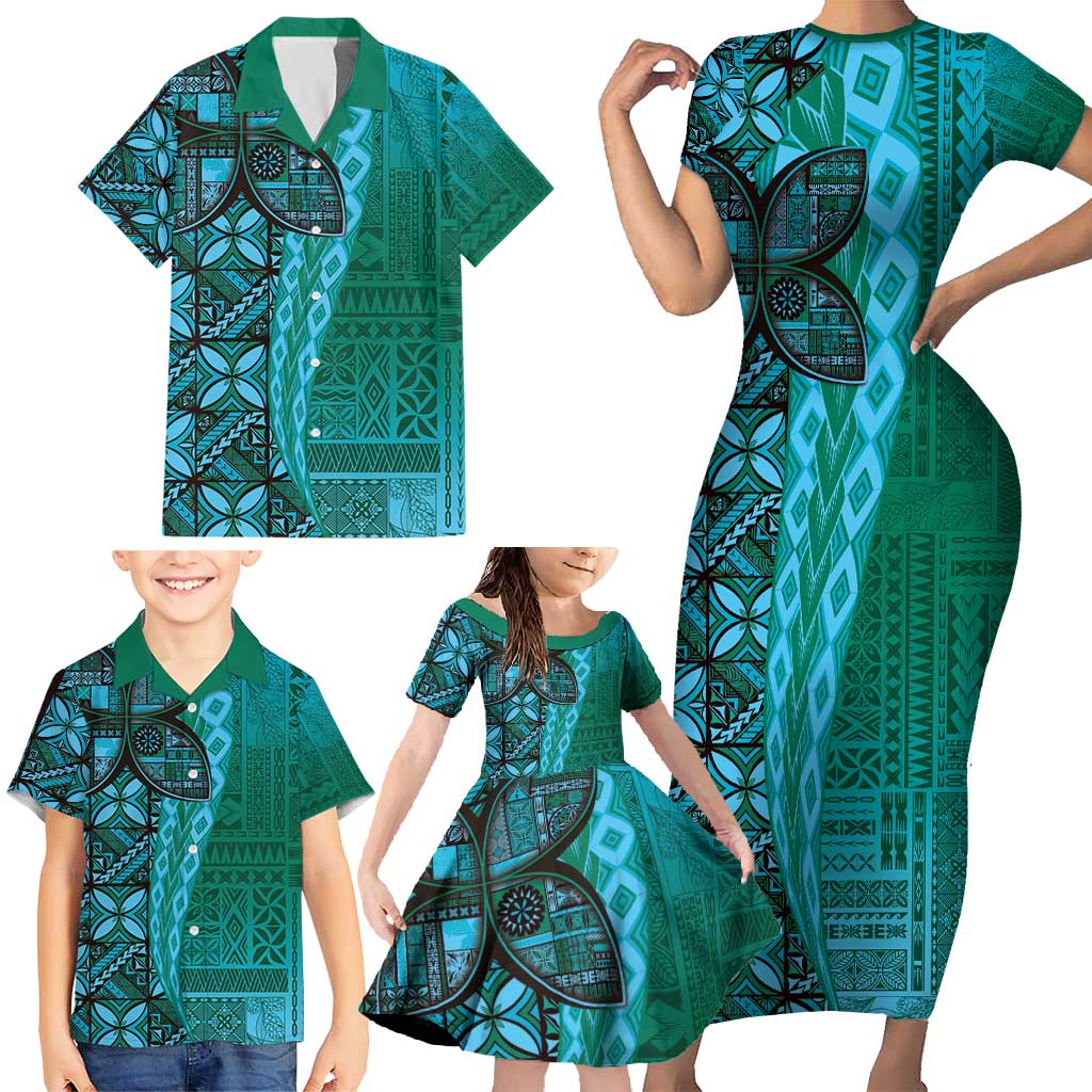 Samoan Pacific Tribal Flower Geometric Art Tattoos Family Matching Short Sleeve Bodycon Dress and Hawaiian Shirt Siapo Pattern Turquoise Tide - Polynesian Pride