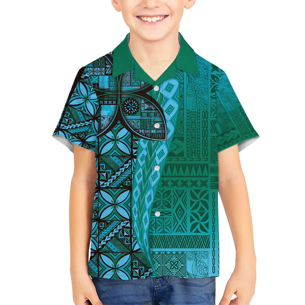 Samoan Pacific Tribal Flower Geometric Art Tattoos Family Matching Short Sleeve Bodycon Dress and Hawaiian Shirt Siapo Pattern Turquoise Tide - Polynesian Pride