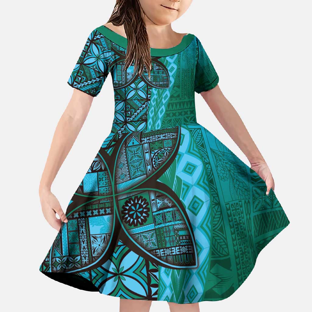 Samoan Pacific Tribal Flower Geometric Art Tattoos Family Matching Tank Maxi Dress and Hawaiian Shirt Siapo Pattern Turquoise Tide - Polynesian Pride