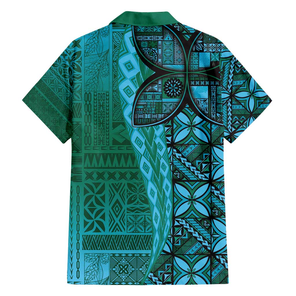 Samoan Pacific Tribal Flower Geometric Art Tattoos Family Matching Tank Maxi Dress and Hawaiian Shirt Siapo Pattern Turquoise Tide - Polynesian Pride