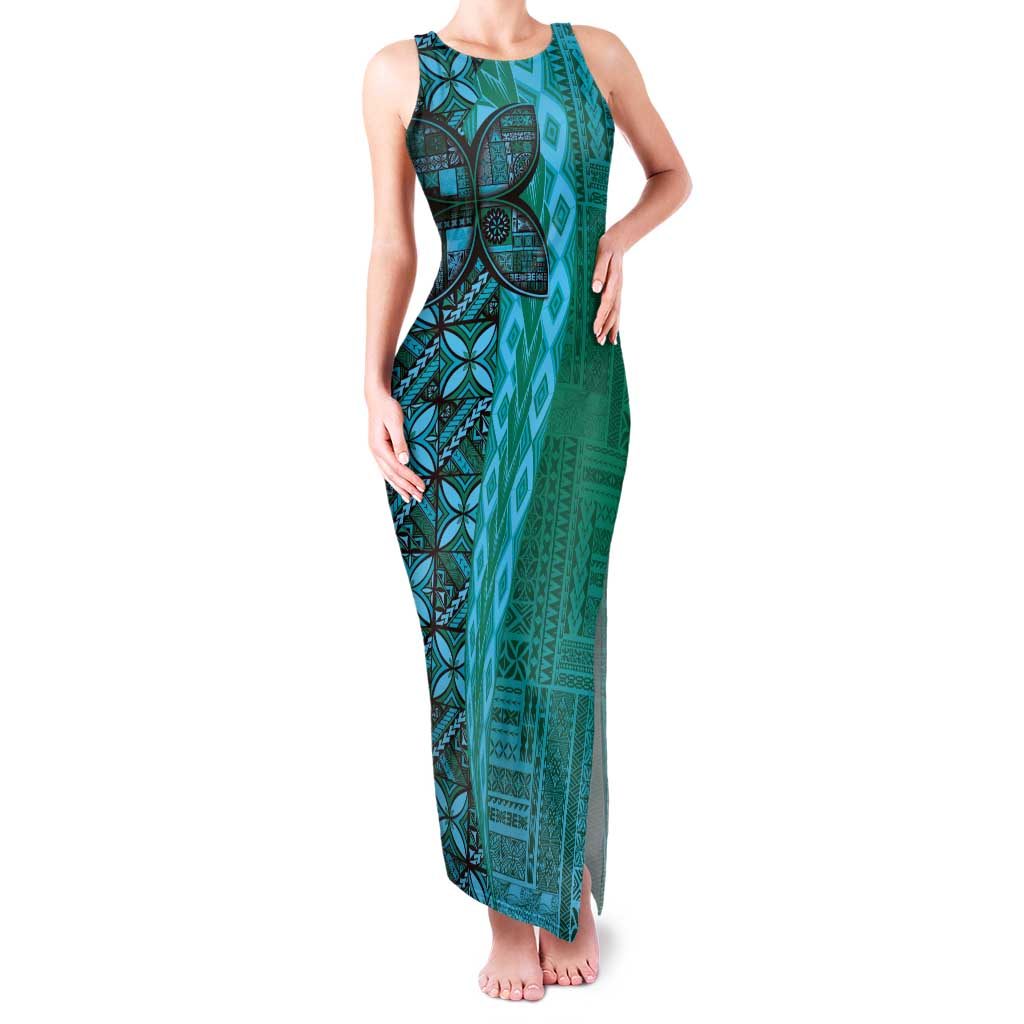 Samoan Pacific Tribal Flower Geometric Art Tattoos Family Matching Tank Maxi Dress and Hawaiian Shirt Siapo Pattern Turquoise Tide - Polynesian Pride