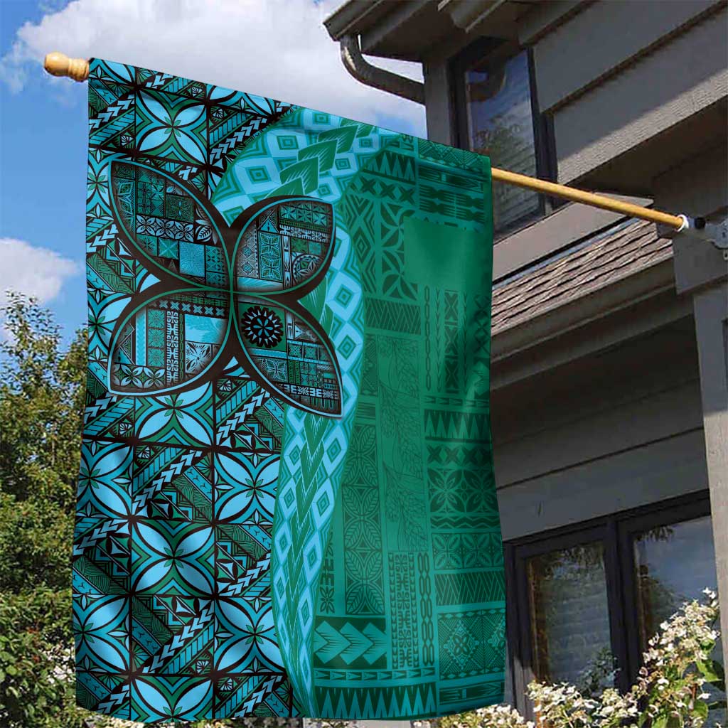 Samoan Pacific Tribal Flower Geometric Art Tattoos Garden Flag Siapo Pattern Turquoise Tide - Polynesian Pride
