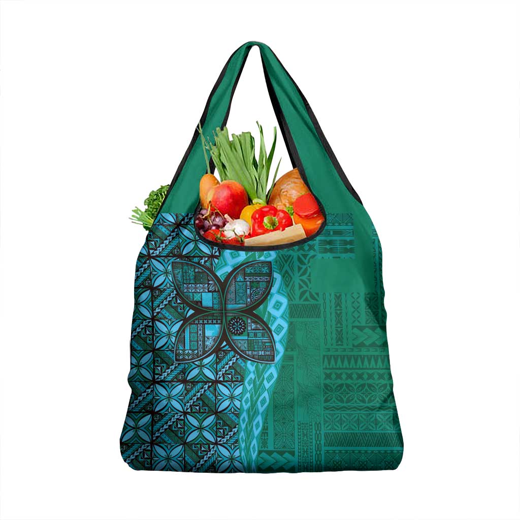 Samoan Pacific Tribal Flower Geometric Art Tattoos Grocery Bag Siapo Pattern Turquoise Tide - Polynesian Pride