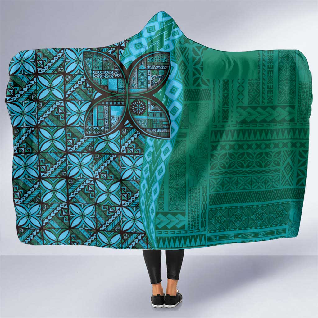 Samoan Pacific Tribal Flower Geometric Art Tattoos Hooded Blanket Siapo Pattern Turquoise Tide LT03 One Size Turquoise - Polynesian Pride