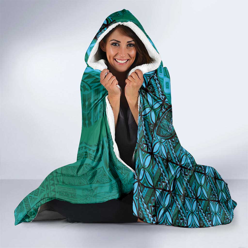 Samoan Pacific Tribal Flower Geometric Art Tattoos Hooded Blanket Siapo Pattern Turquoise Tide LT03 - Polynesian Pride