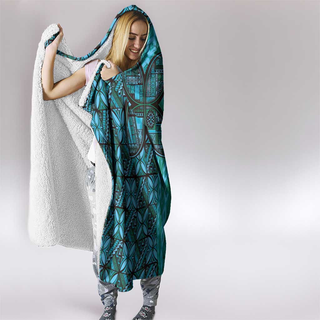 Samoan Pacific Tribal Flower Geometric Art Tattoos Hooded Blanket Siapo Pattern Turquoise Tide LT03 - Polynesian Pride