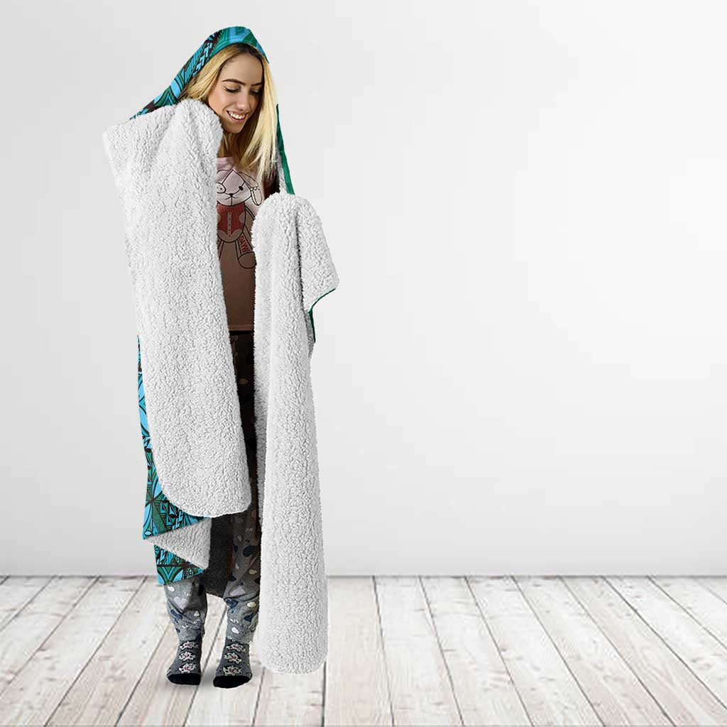Samoan Pacific Tribal Flower Geometric Art Tattoos Hooded Blanket Siapo Pattern Turquoise Tide LT03 - Polynesian Pride
