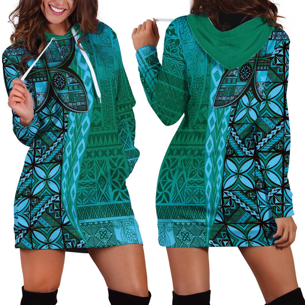 Samoan Pacific Tribal Flower Geometric Art Tattoos Hoodie Dress Siapo Pattern Turquoise Tide - Polynesian Pride