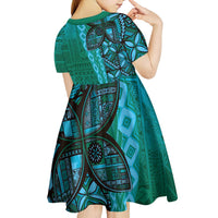 Samoan Pacific Tribal Flower Geometric Art Tattoos Kid Short Sleeve Dress Siapo Pattern Turquoise Tide LT03 - Polynesian Pride