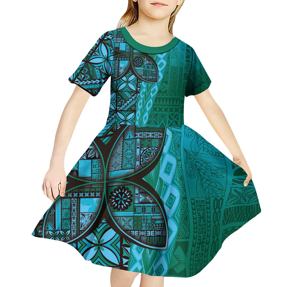 Samoan Pacific Tribal Flower Geometric Art Tattoos Kid Short Sleeve Dress Siapo Pattern Turquoise Tide LT03 - Polynesian Pride