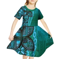 Samoan Pacific Tribal Flower Geometric Art Tattoos Kid Short Sleeve Dress Siapo Pattern Turquoise Tide LT03 - Polynesian Pride