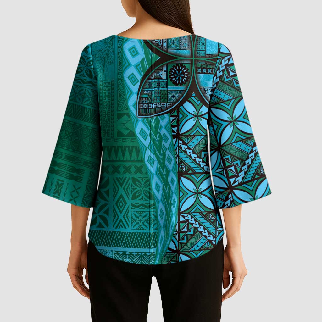 Samoan Pacific Tribal Flower Geometric Art Tattoos Kimono Sleeve Blouse Siapo Pattern Turquoise Tide - Polynesian Pride