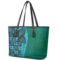 Samoan Pacific Tribal Flower Geometric Art Tattoos Leather Tote Bag Siapo Pattern Turquoise Tide - Polynesian Pride
