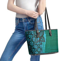 Samoan Pacific Tribal Flower Geometric Art Tattoos Leather Tote Bag Siapo Pattern Turquoise Tide - Polynesian Pride