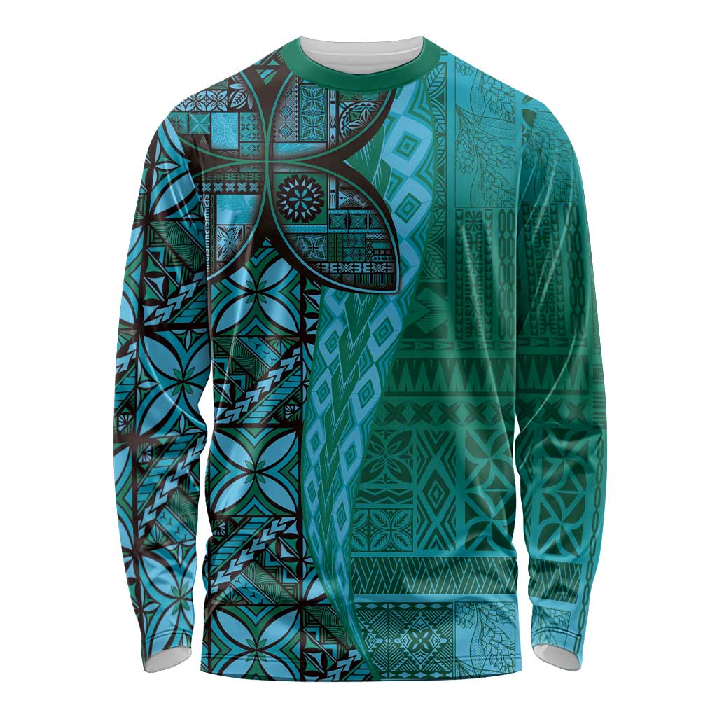 Samoan Pacific Tribal Flower Geometric Art Tattoos Long Sleeve Shirt Siapo Pattern Turquoise Tide - Polynesian Pride