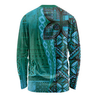 Samoan Pacific Tribal Flower Geometric Art Tattoos Long Sleeve Shirt Siapo Pattern Turquoise Tide - Polynesian Pride