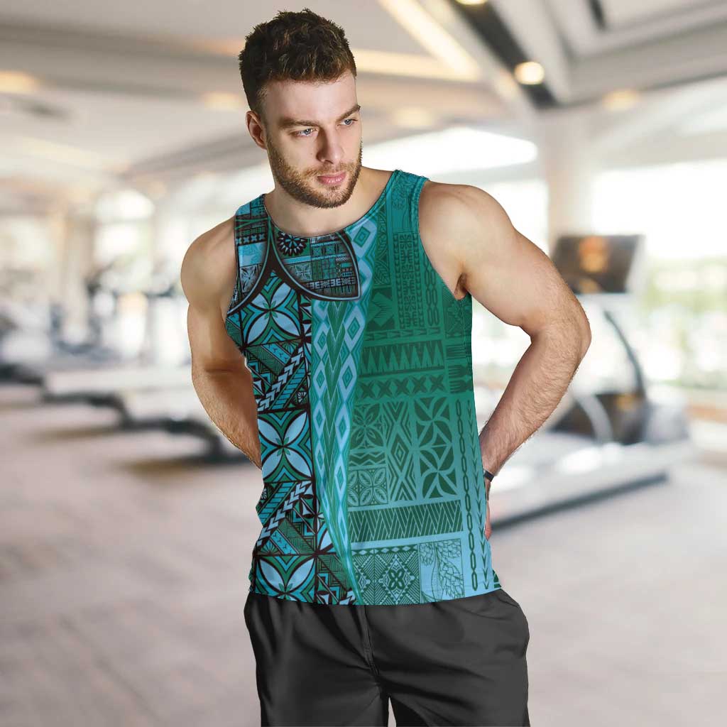 Samoan Pacific Tribal Flower Geometric Art Tattoos Men Tank Top Siapo Pattern Turquoise Tide - Polynesian Pride